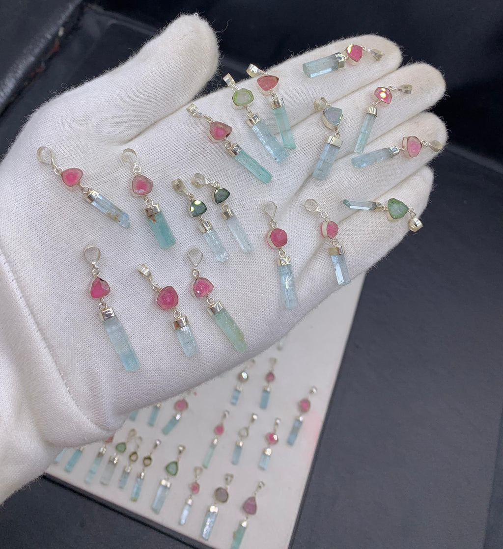 Natural Aquamarine & Watermelon Tourmaline Crystal Pendants | Sterling Silver 925 Deals