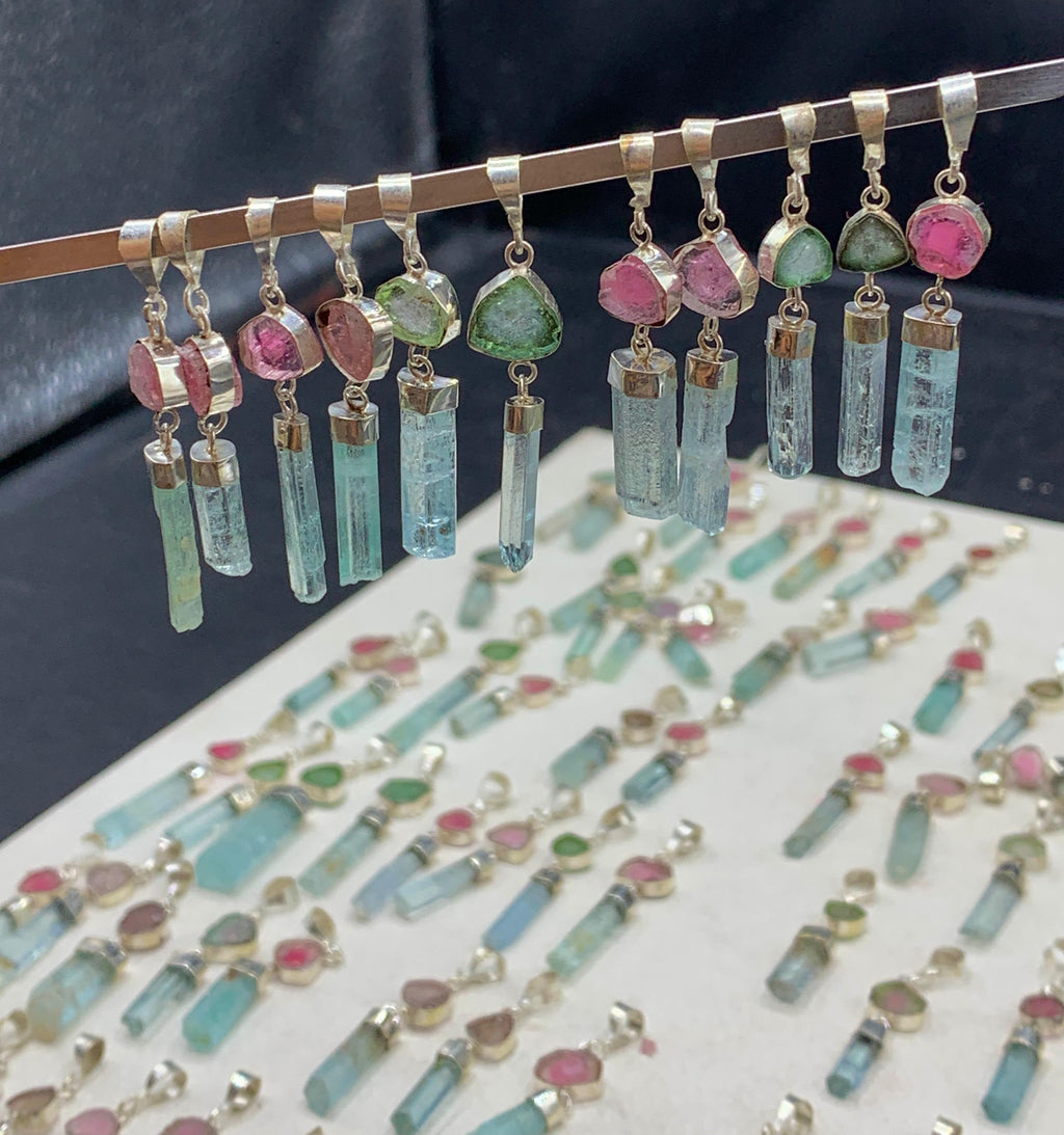 Aquamarine crystals and Watermelon Tourmaline Crystals Pendants 