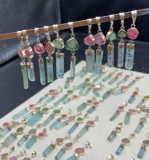Aquamarine crystals and Watermelon Tourmaline Crystals Pendants 