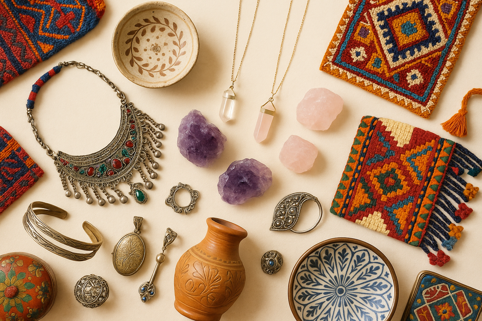 Attractive feature hero image with handmade crafts, raw crystals, vintage jewelry, Afghan jewelry, handicrafts, and crystal pendants
