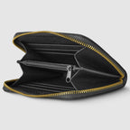 Black leather wallet with gold zipper
