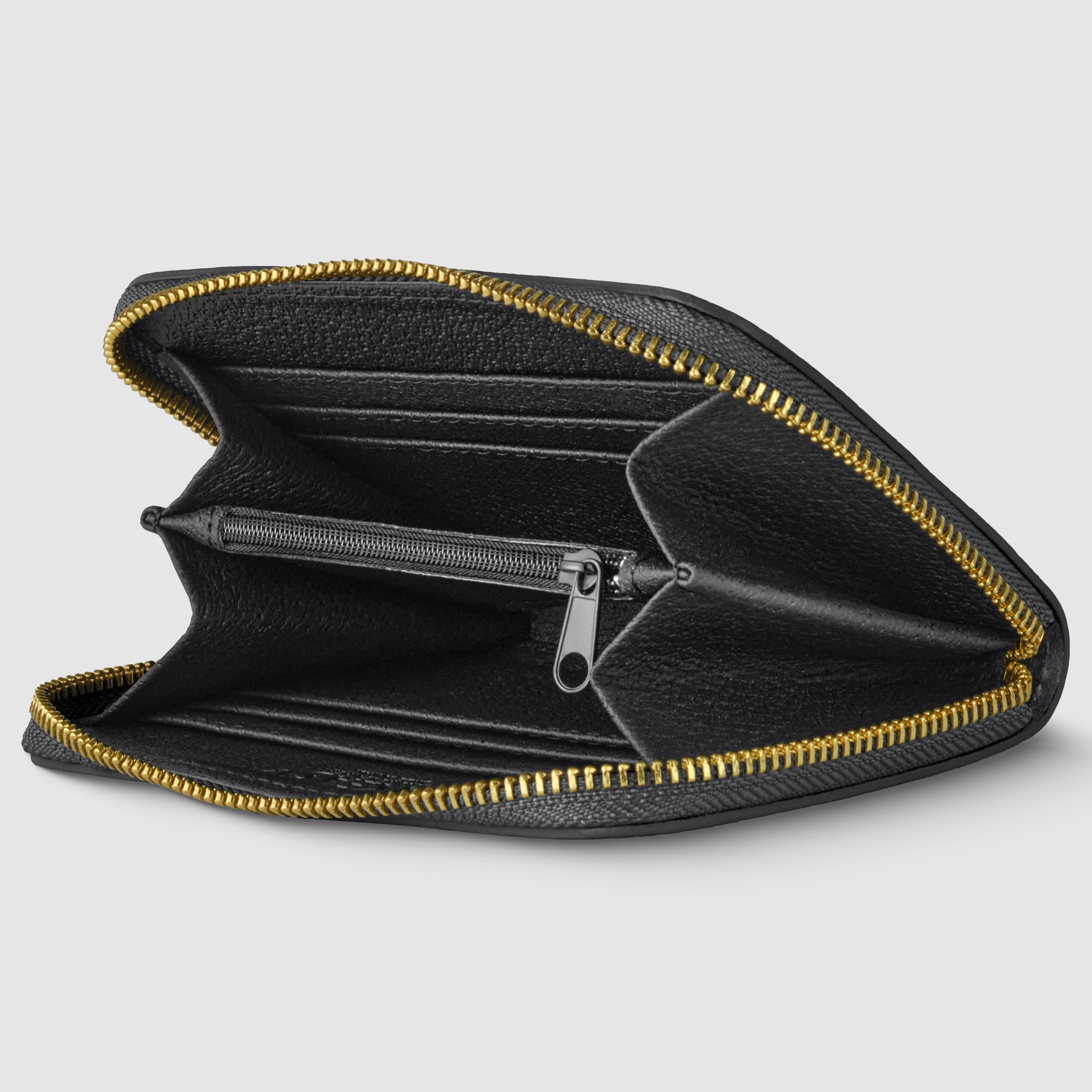 Black leather wallet with gold zipper