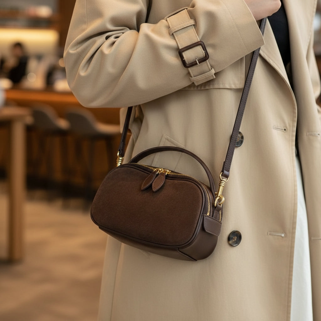 Person wearing a brown leather bag with a blurred store interior in the background