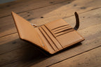 Brown leather wallet on a wooden surface