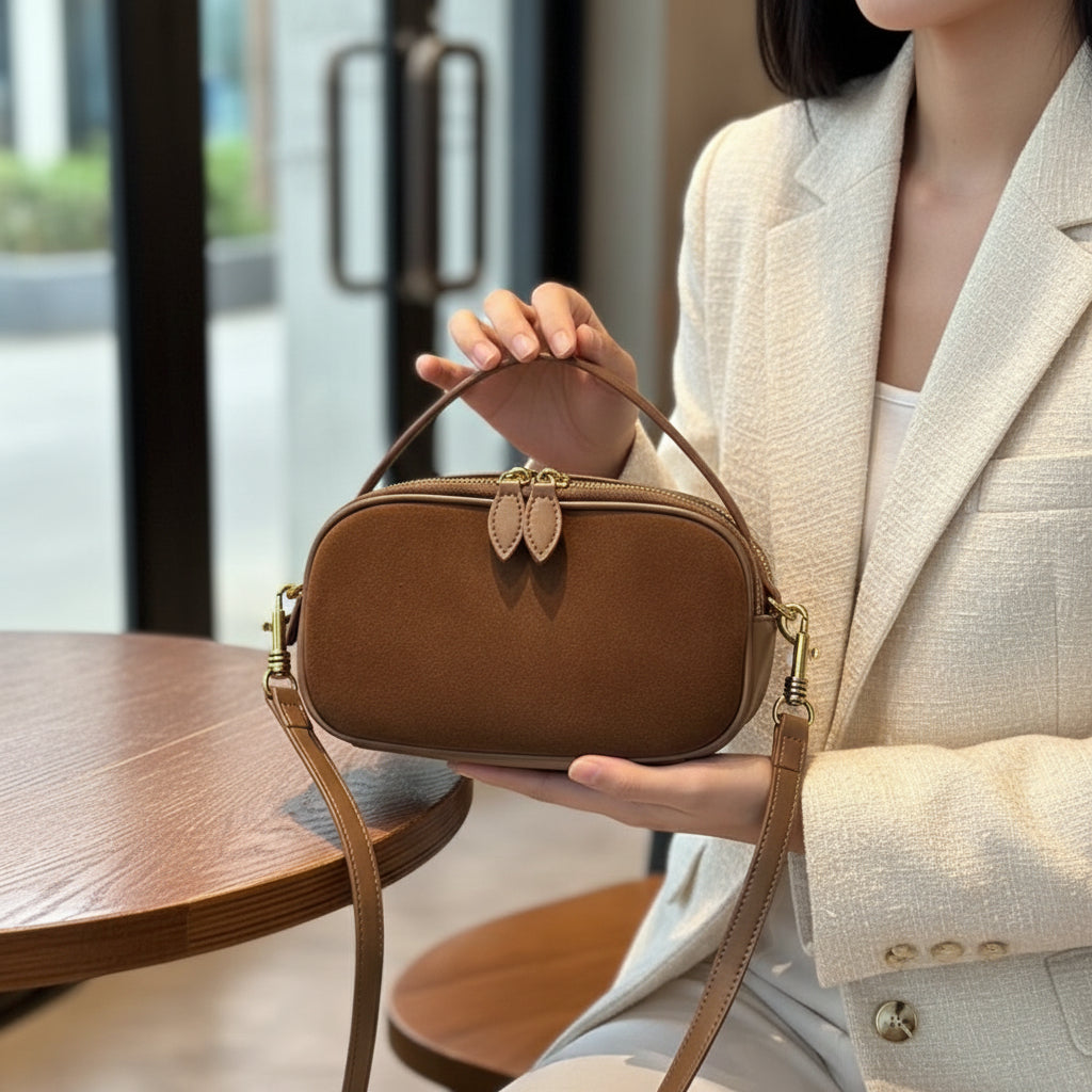 Person holding a brown suede handbag with a wooden table in the background