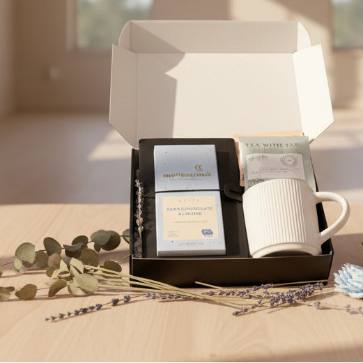 corporate gift package having Tea package, mug, and chocolate bar on a wooden surface with flowers.