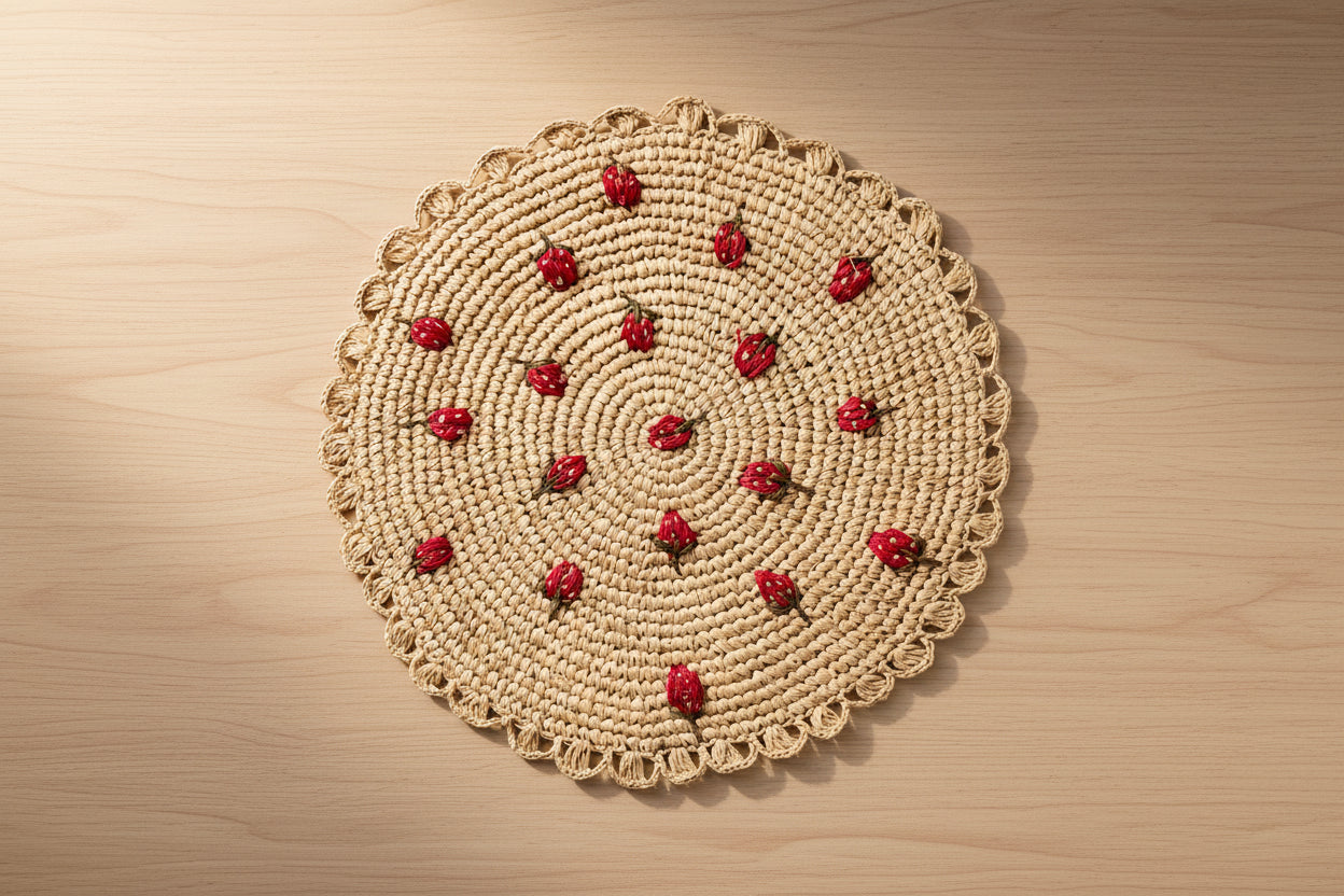Round woven placemat with red berry patterns on a plain background