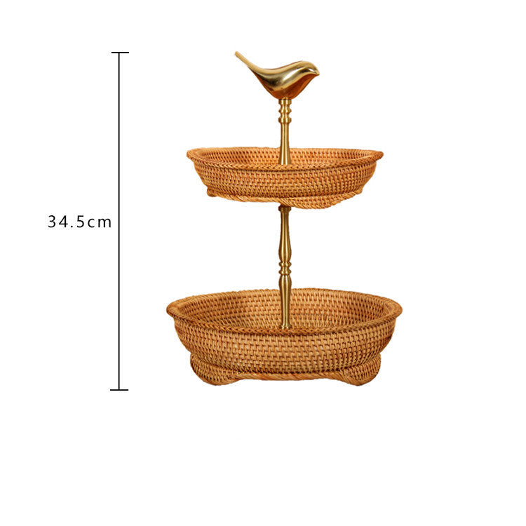 Double-Layer Brass Gold Dining Table Fruit Baskets | Coffee Table Rattan Basket