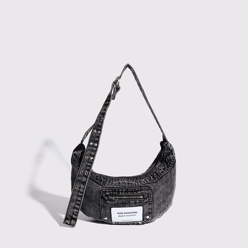 washed denim crescent moon bag for women