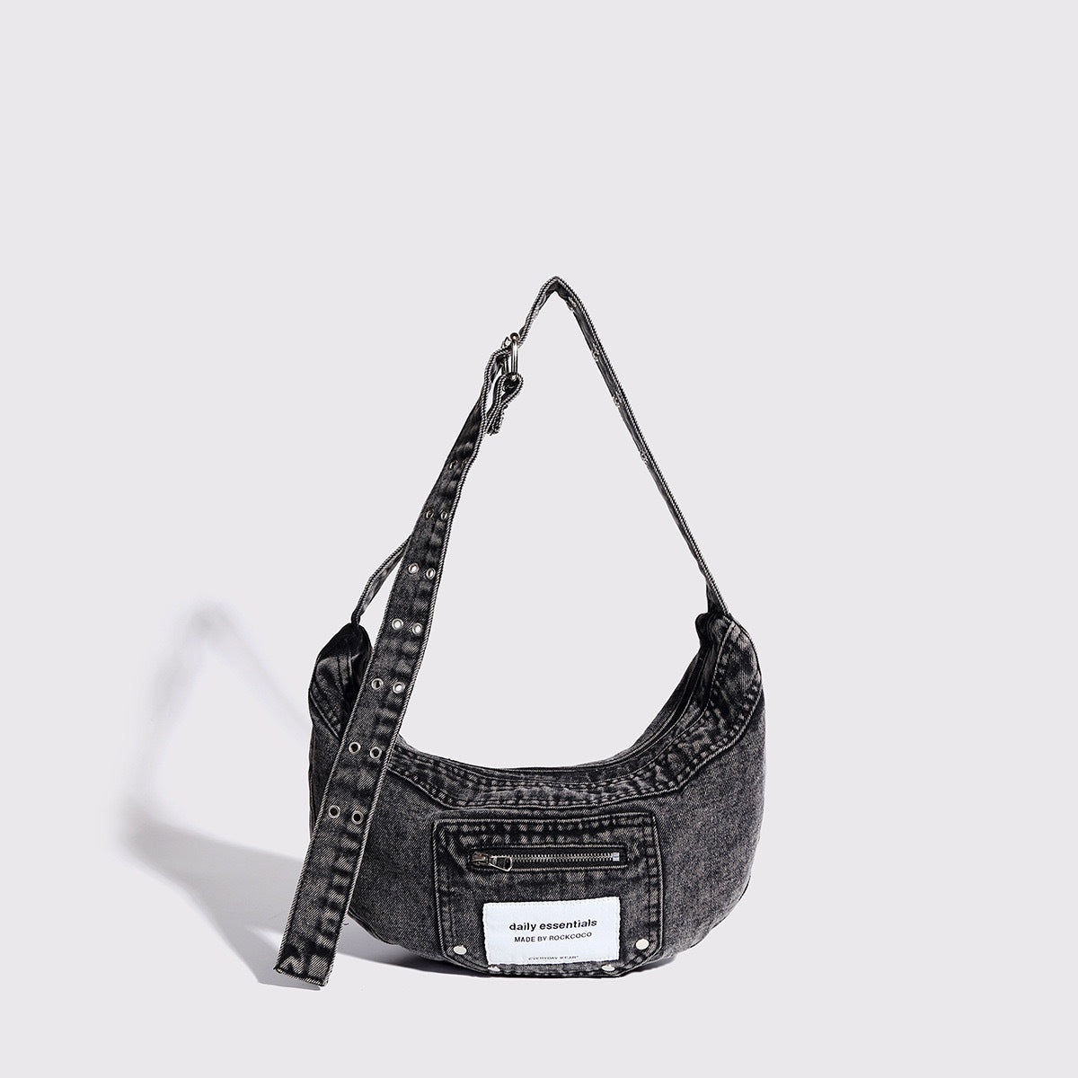 washed denim crescent moon bag for women