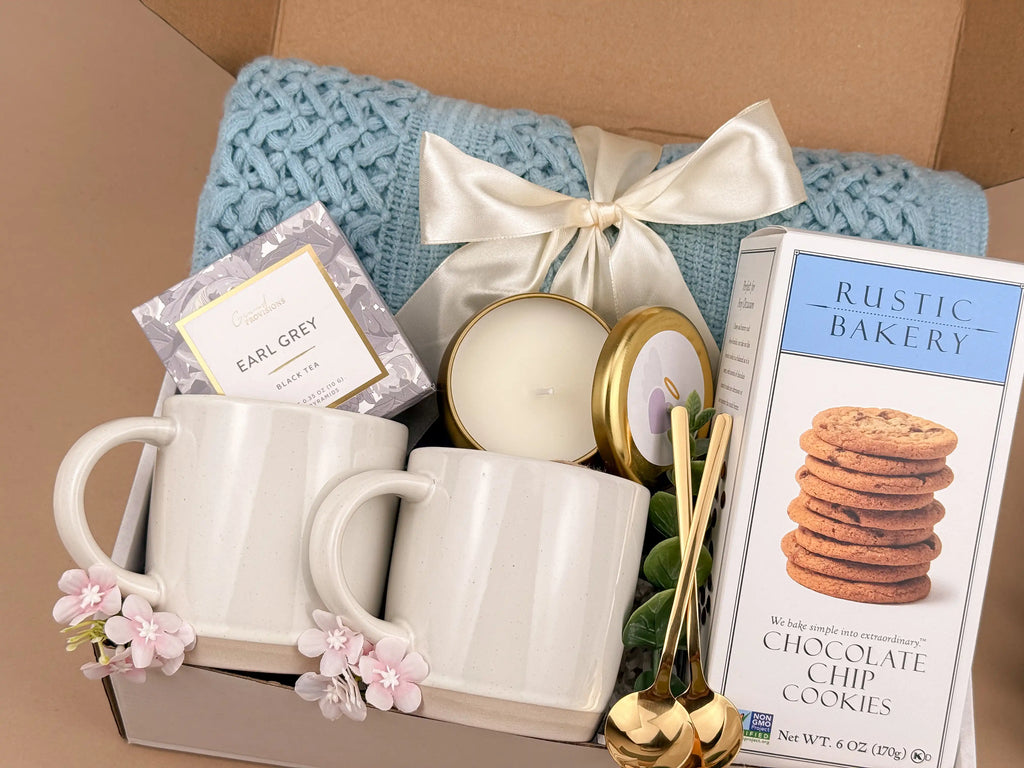 romantic cozy night gift basket for him and her with candle and tea

