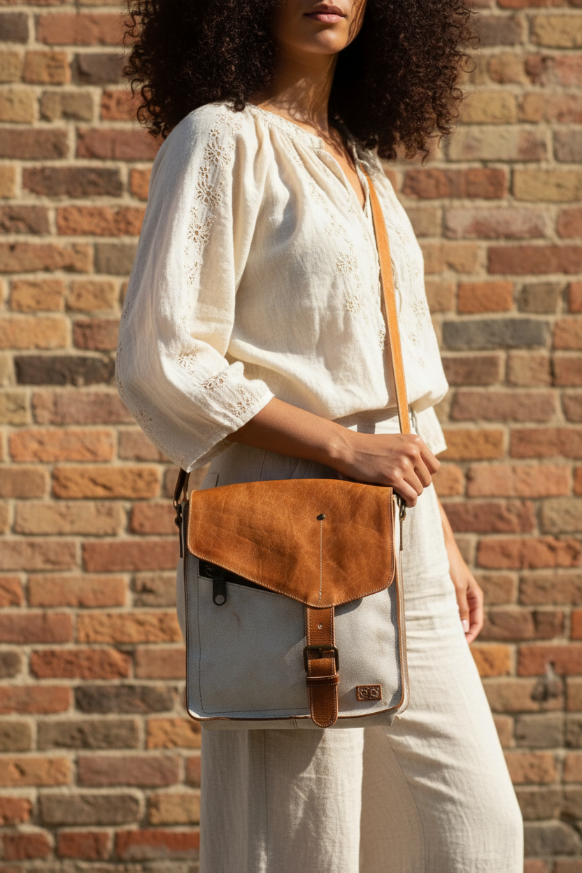 Person holding a crossbody bag with a wooden background