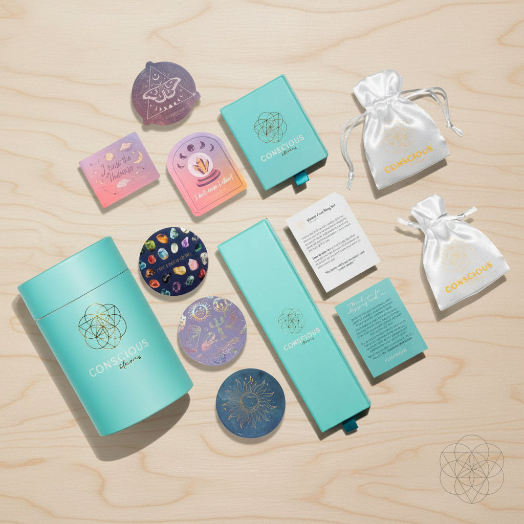 Collection of turquoise and pastel-colored items with 'Conscious' branding on a white background.