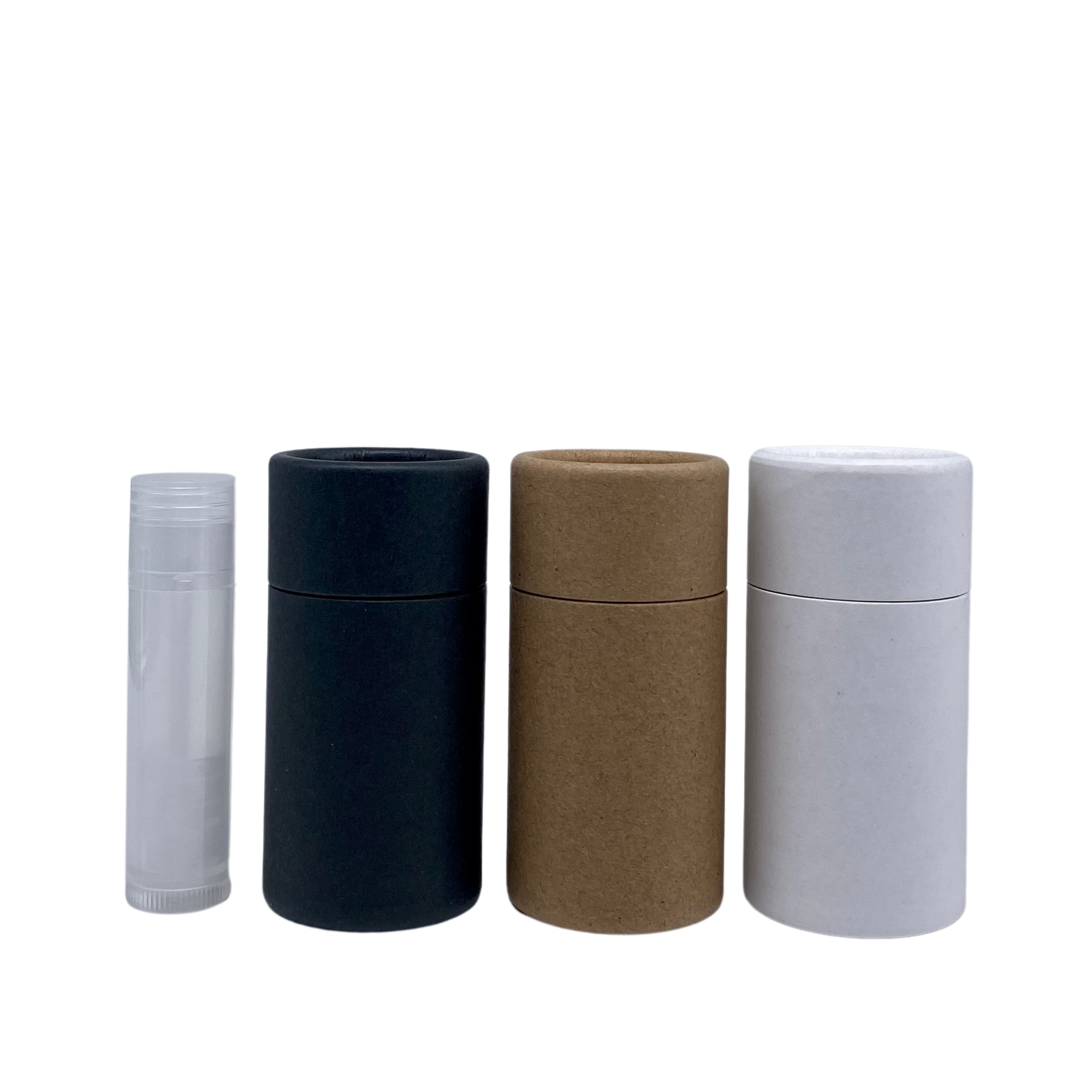 cylindrical Compostable  containers in black, brown, and white- cylindrical storage containers - Compostable Cosmetic Packaging