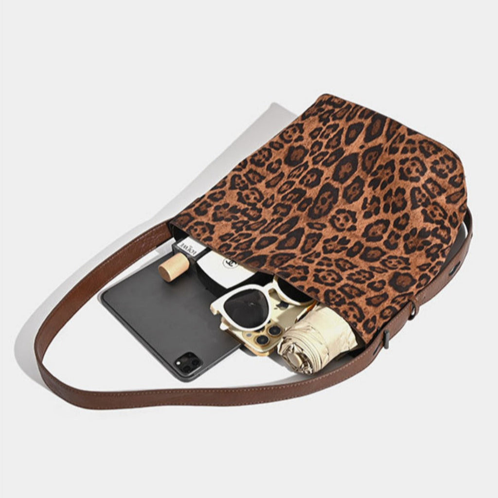 Women’s Suede Bucket Shoulder Bag – Leopard Print, Black & Brown
