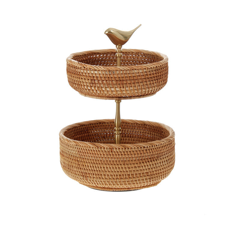 Retro Handmade Rattan Snack Double-layer Fruit Basket