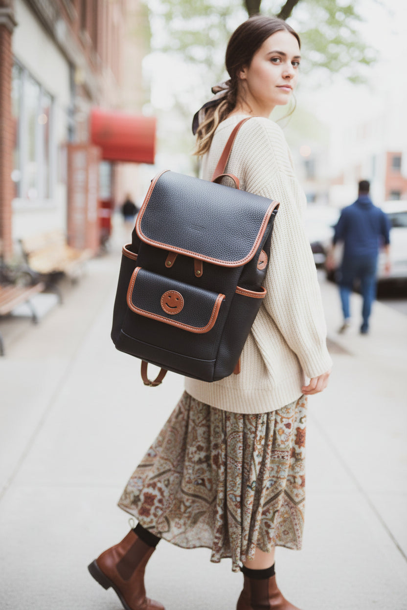 Full grain leather bag men, luxury rucksack daypack