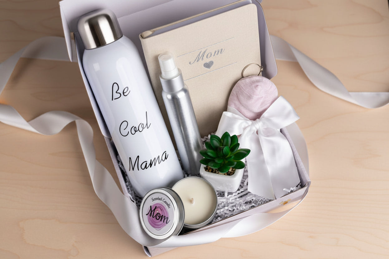 Gift set for mom with water bottle, candle, and small plant in a box on a wooden surface.