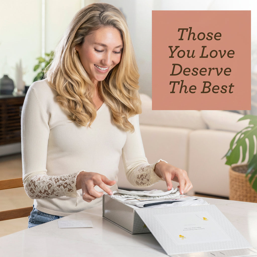 Woman opening a gift box with text 'Those You Love Deserve The Best' on a pink background
