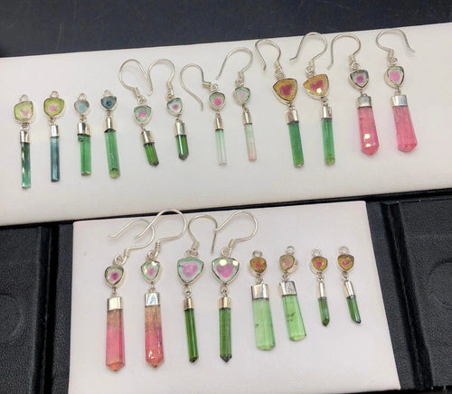 Set of colorful crystal drop earrings made of Raw Tourmaline crystals | Watermelon Tourmaline Earrings