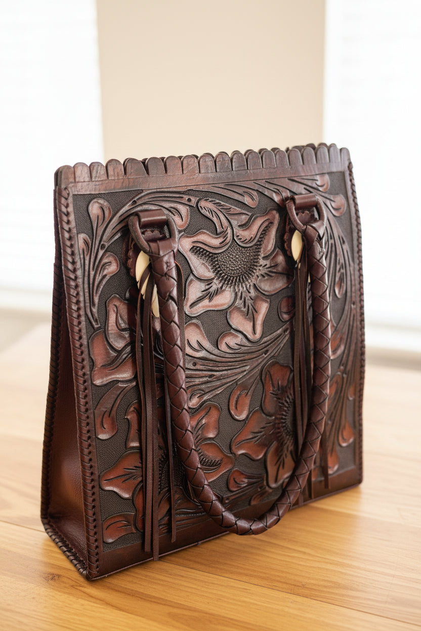 Handcrafted leather bag with intricate vintage designs