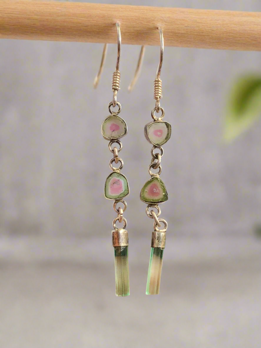 Watermelon Slices and Tourmaline Crystal Earrings