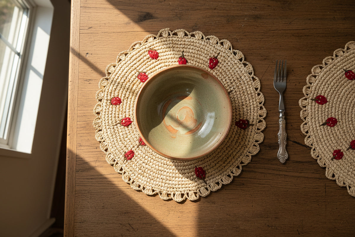 Woven placemat with decorative red berries on a wooden table with a plate and fork.