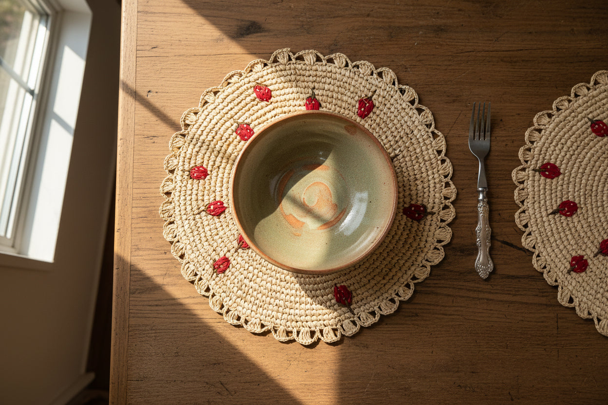 Woven placemat with decorative red berries on a wooden table with a plate and fork.