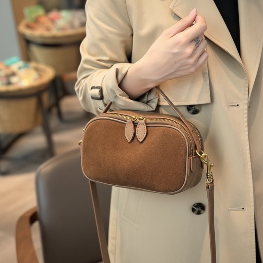 Brown leather handbag held by a person wearing a gray sweater.