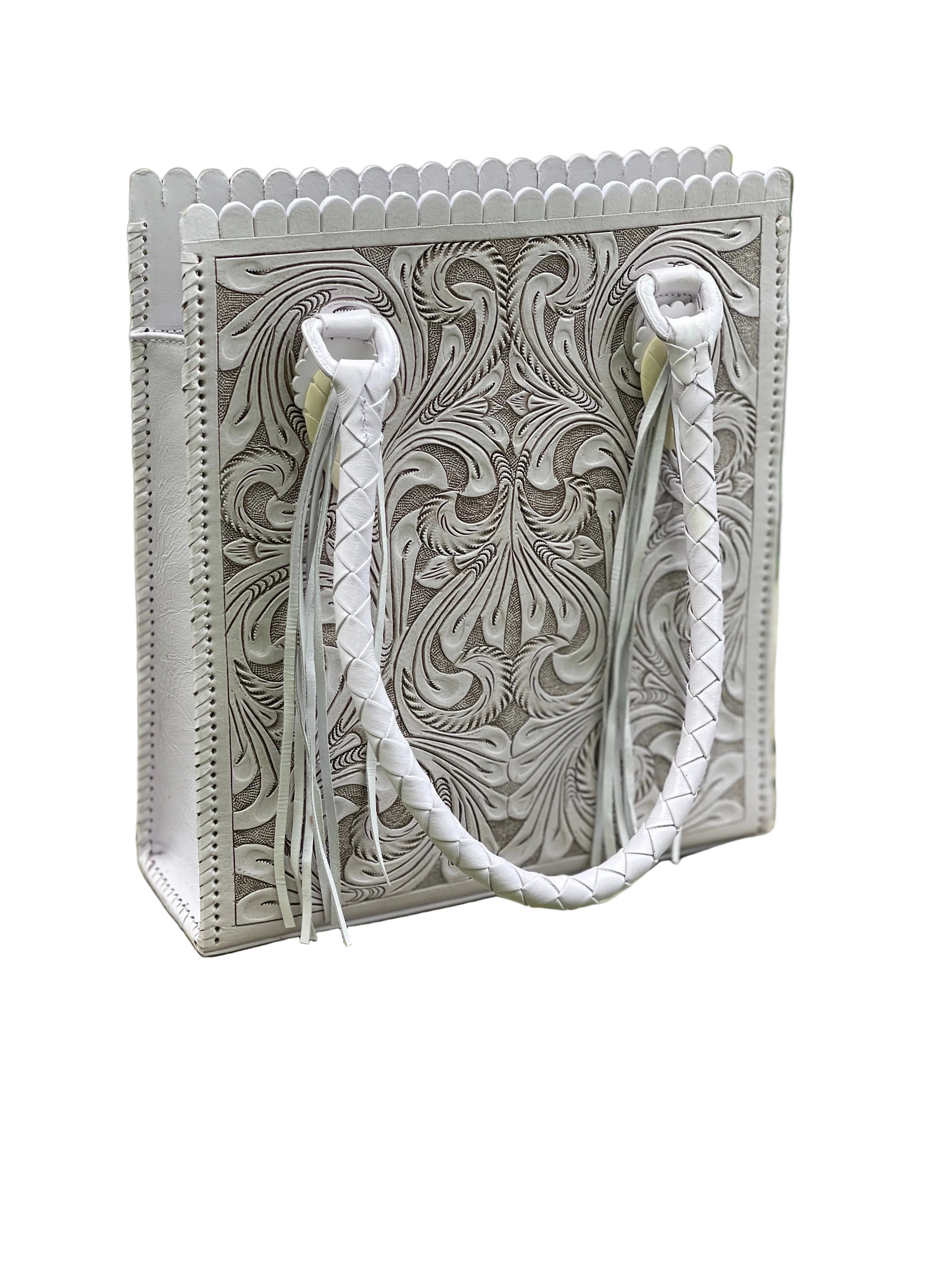 Decorative leather bag with intricate patterns