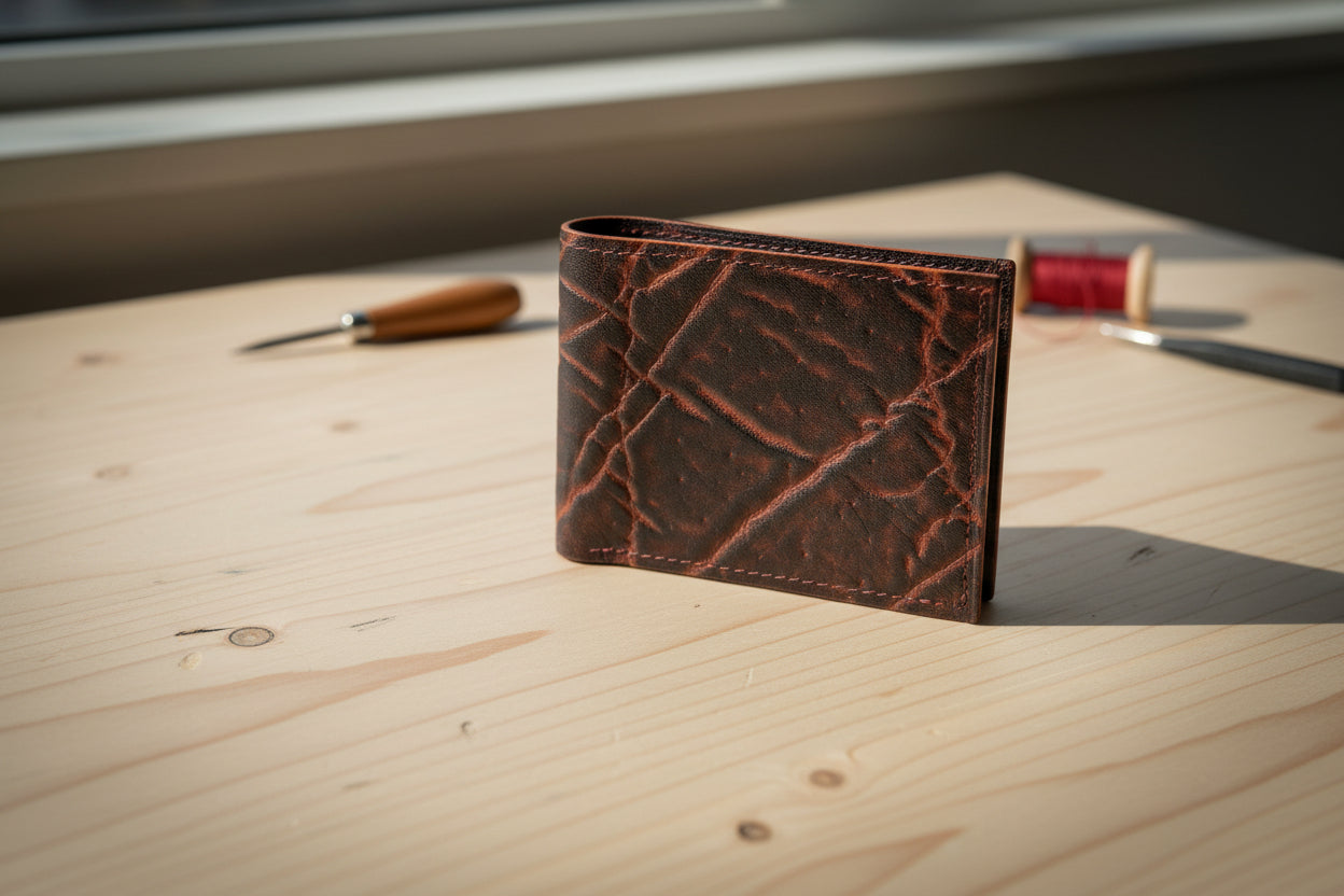 Brown leather wallet with red vein pattern on a gray background