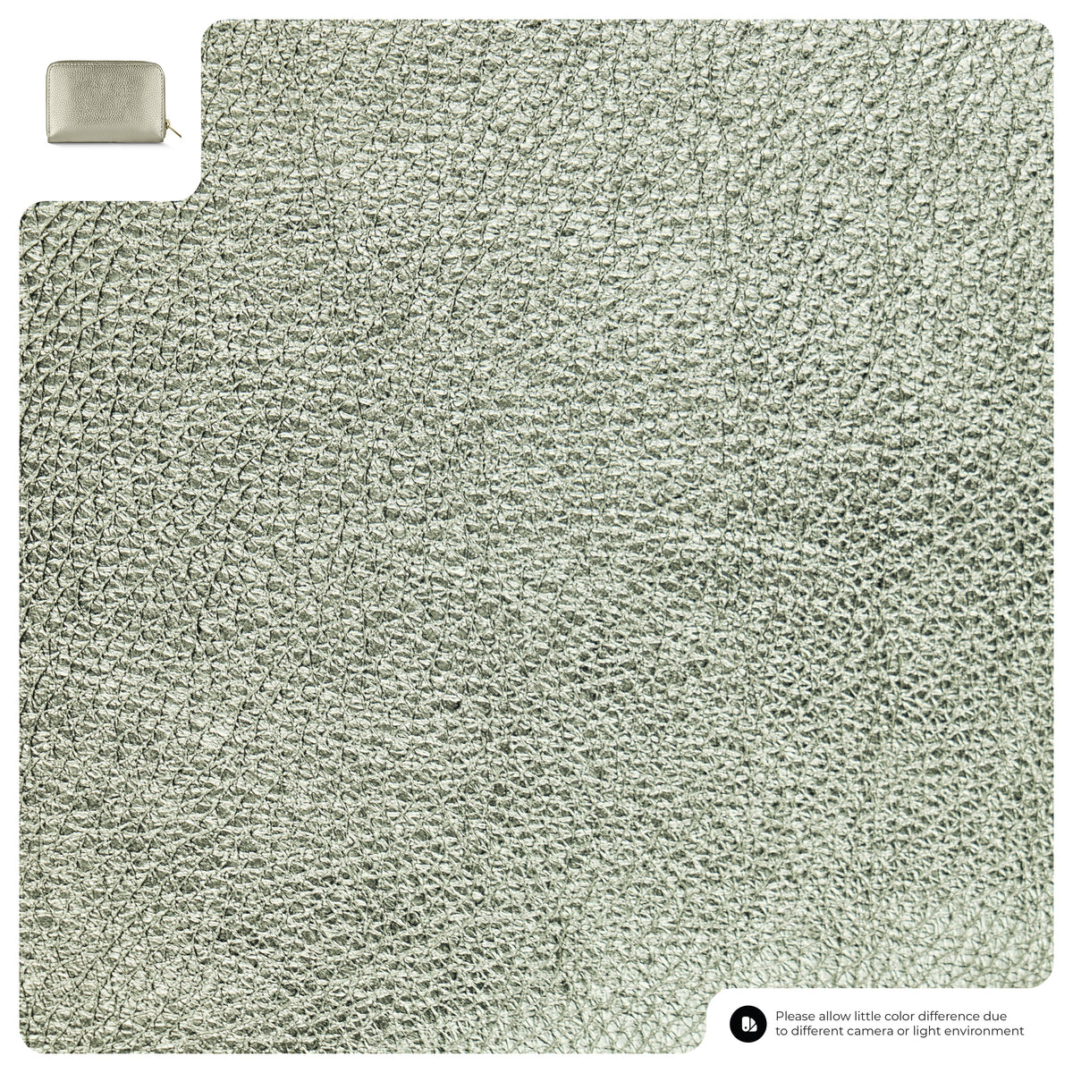 Textured green carpet sample with a small square swatch at the top left corner.