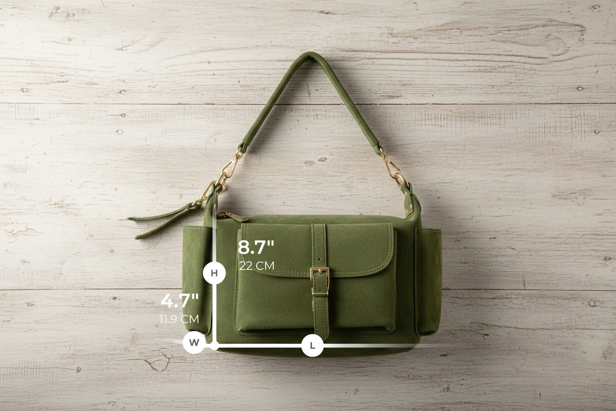 Green handbag with measurements on a wooden surface