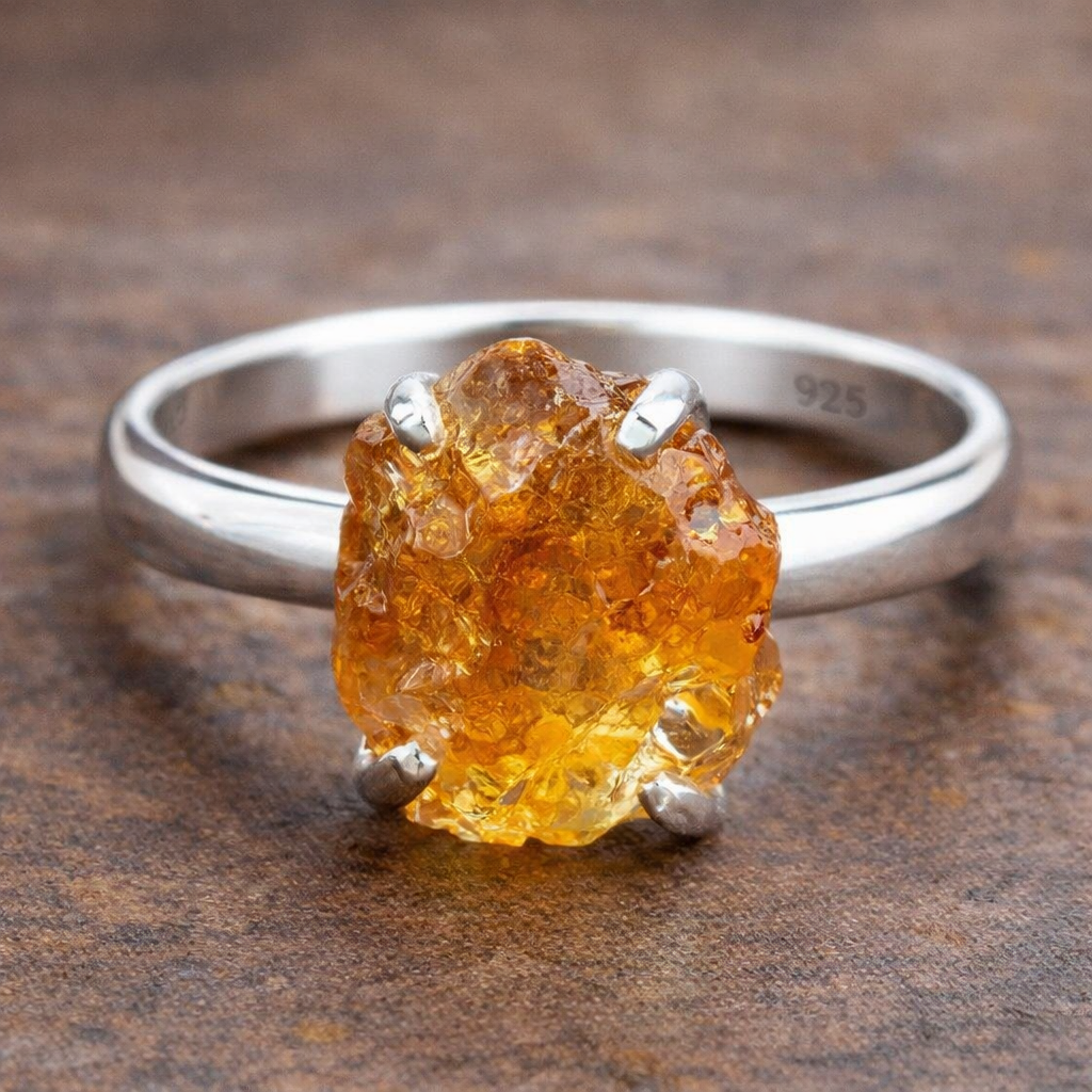 raw amber crystal handmade sterling silver ring


