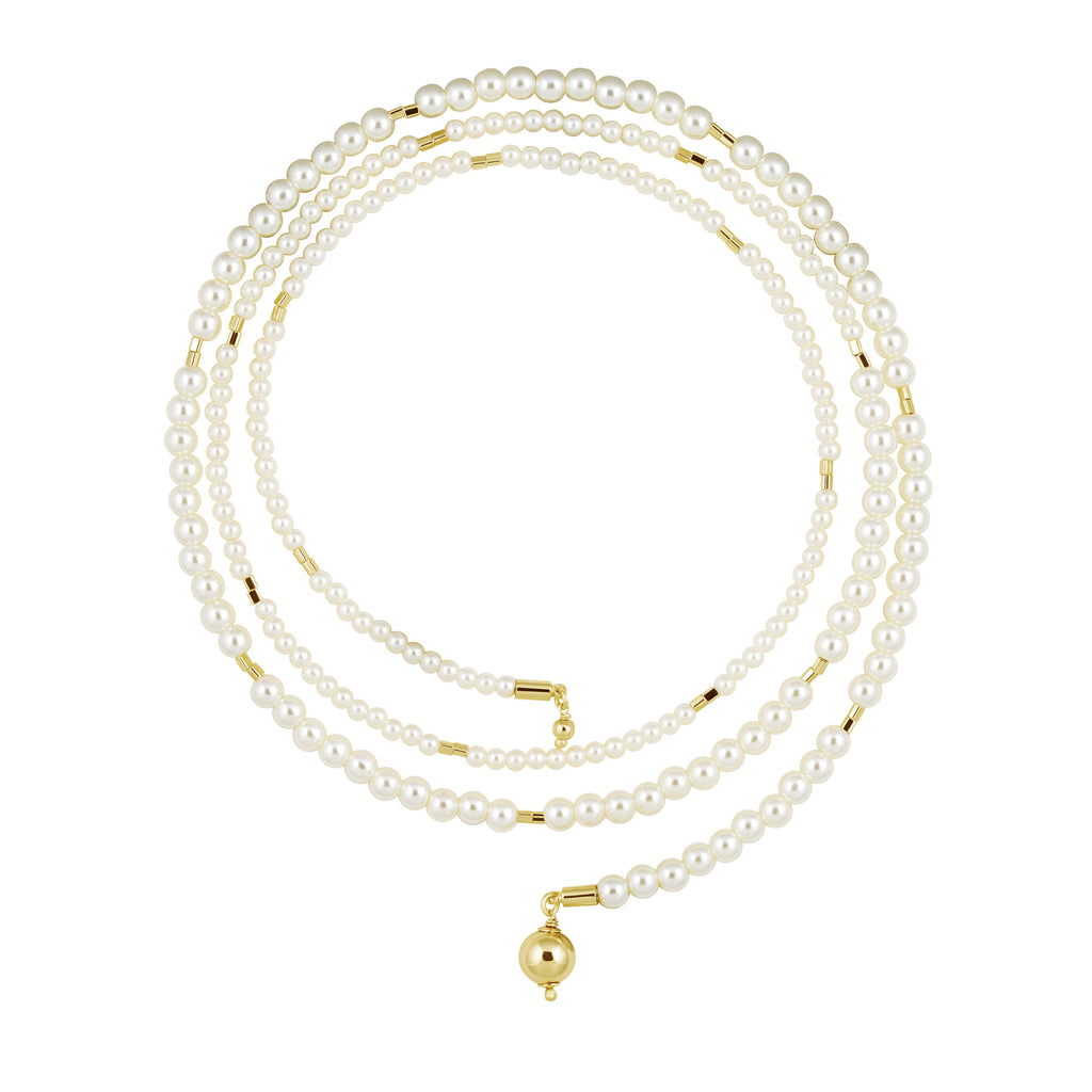 Three pearl necklaces with gold clasps on a white background