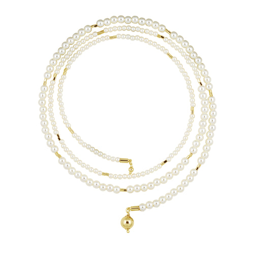 Three pearl necklaces with gold clasps on a white background