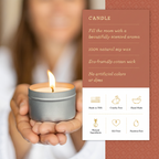 candle with product details on a card