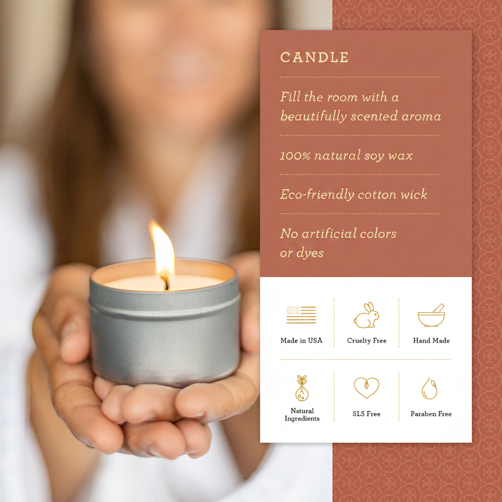 candle with product details on a card