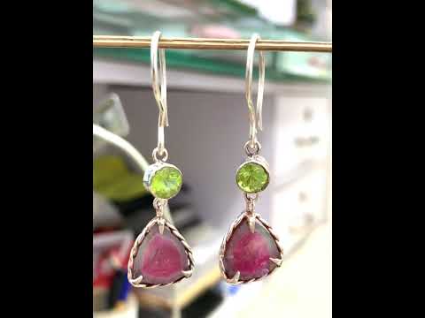 Handmade Watermelon Tourmaline Crystal Earrings | Silver sterling Crystal Jewelry
