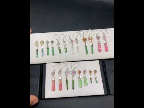 Raw Watermelon Pink Tourmaline Earrings | Green Tourmaline Raw Crystal Earrings