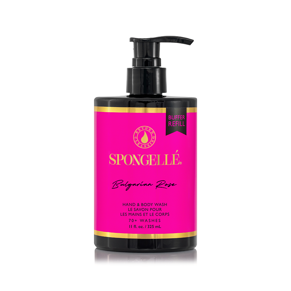 rose body wash and exfoliating sponge