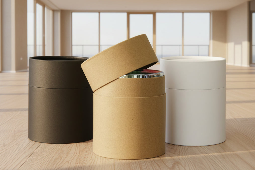 Three cylindrical storage boxes or containers on a tabletop: one matte black, one kraft brown with its lid partly open showing a stack inside, and one matte white. Soft shadow overlays are visible on the wall behind them.