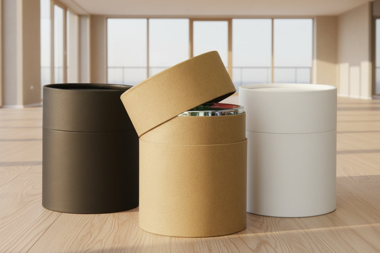 Three cylindrical storage boxes or containers on a tabletop: one matte black, one kraft brown with its lid partly open showing a stack inside, and one matte white. Soft shadow overlays are visible on the wall behind them.