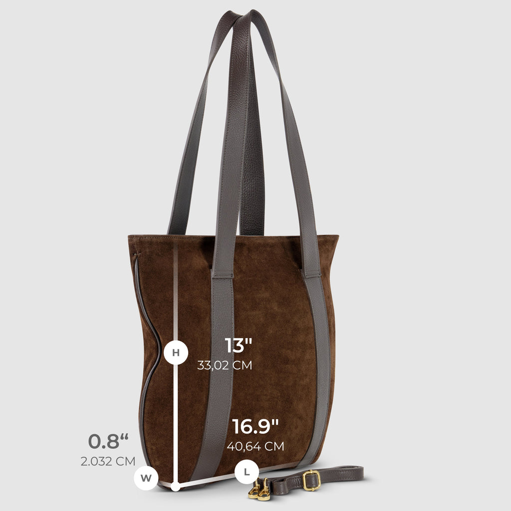Brown tote bag with measurements on a light gray background