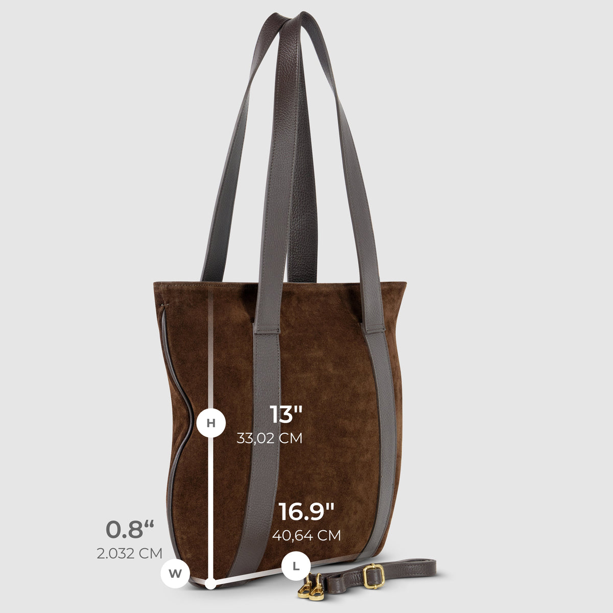 Brown tote bag with measurements on a light gray background
