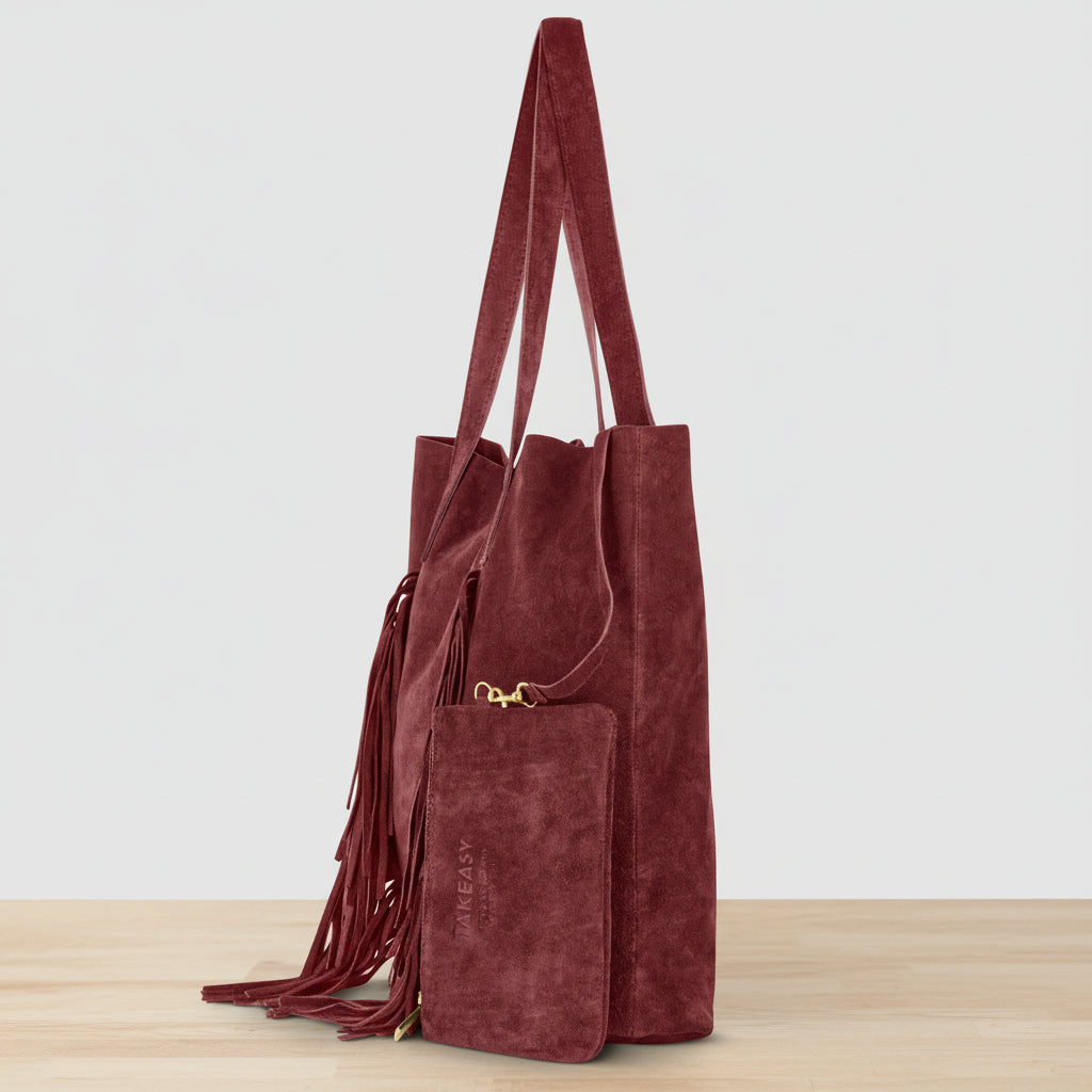 red genuine leather tote bag interior with zip pocket and card slots