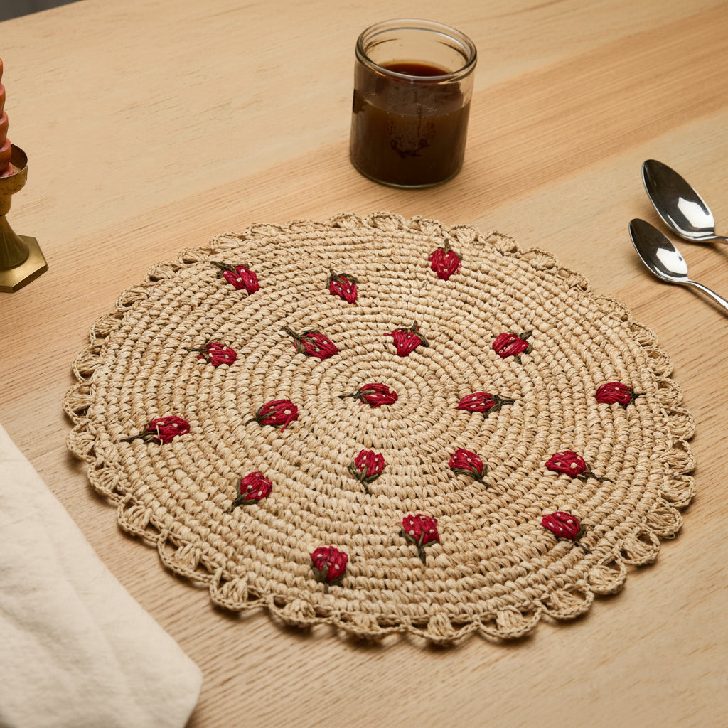 Strawberry Raffia Placemat – Hand-Crocheted Natural Table Mat