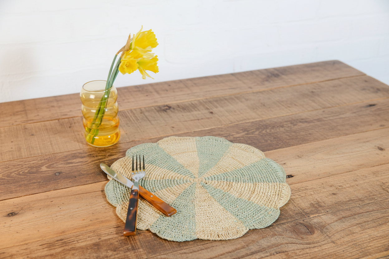 Blue Pinwheel Raffia Placemat – Hand-Crocheted Round Table Mat