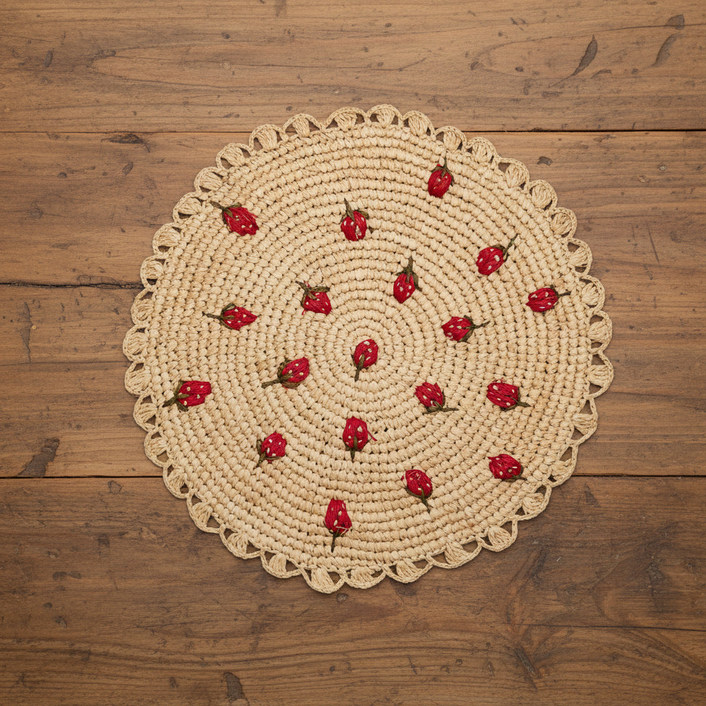 Strawberry Raffia Placemat – Hand-Crocheted Natural Table Mat