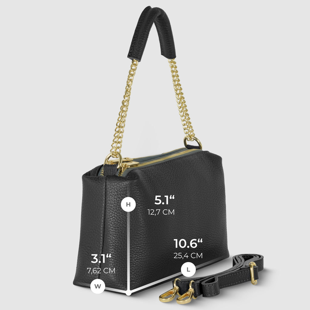 Genuine Calf Leather Crossbody Bag – Italian Made, Chain Handle & Dual Zip